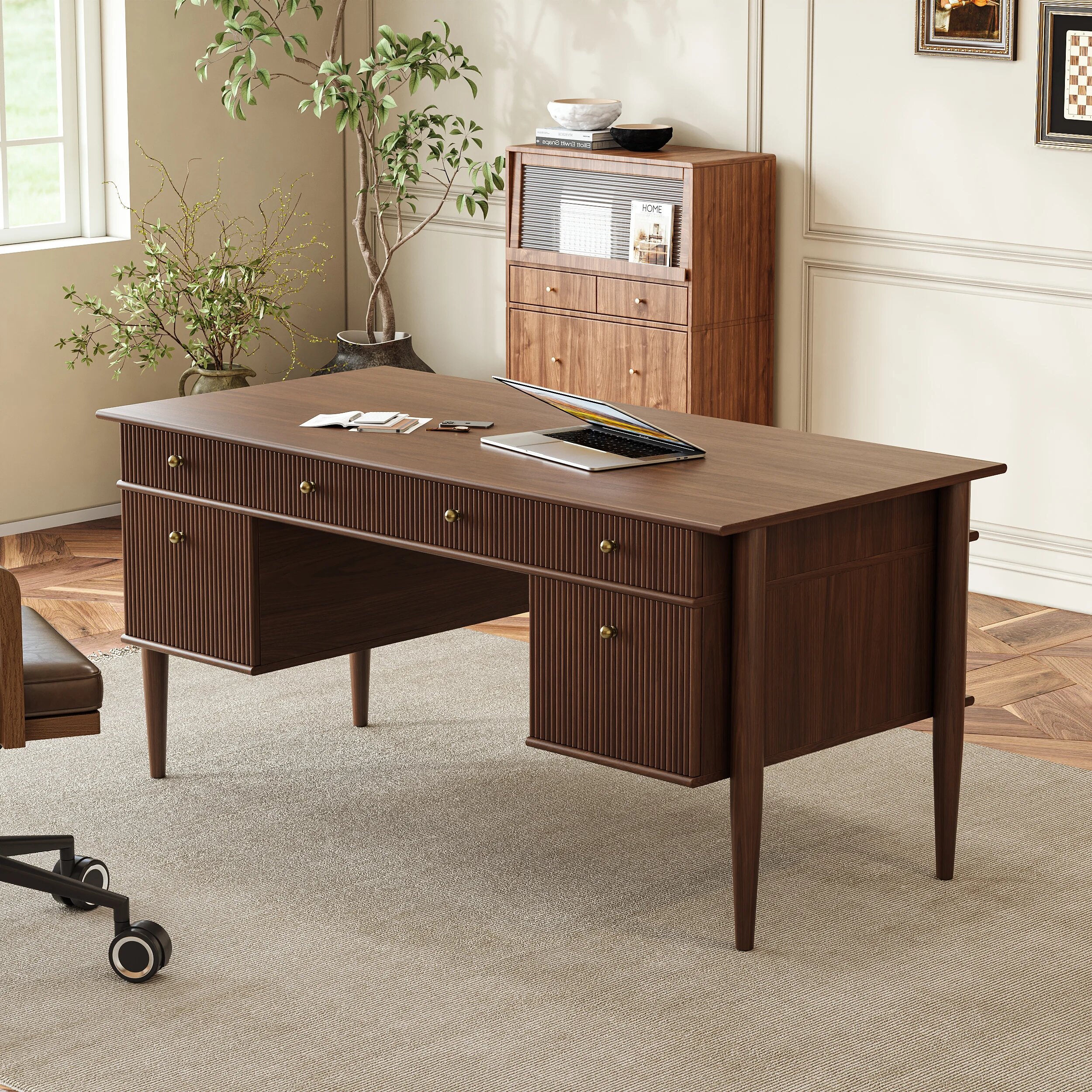 M Walnut Modern Executive Office Desk with Storage Drawers