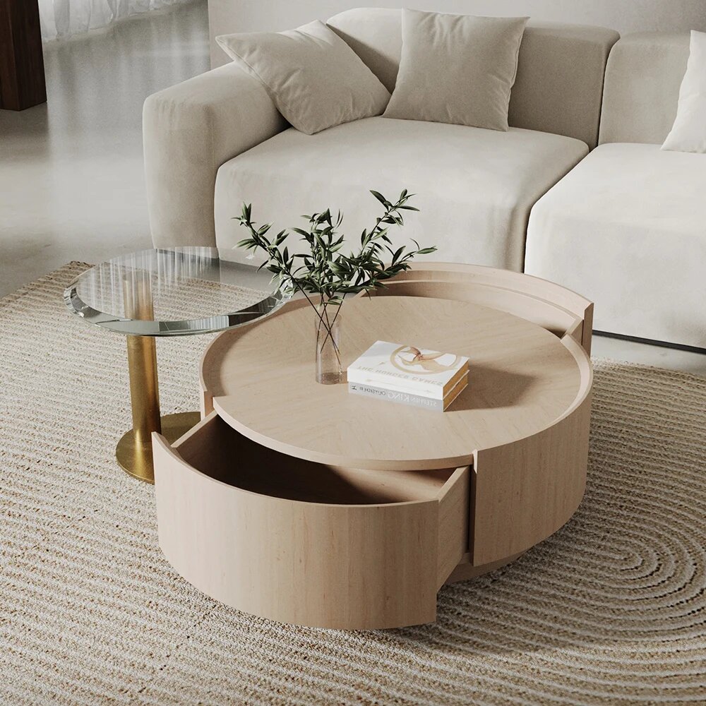 M Modern Round Wooden Coffee Table with Hidden Storage Drawers